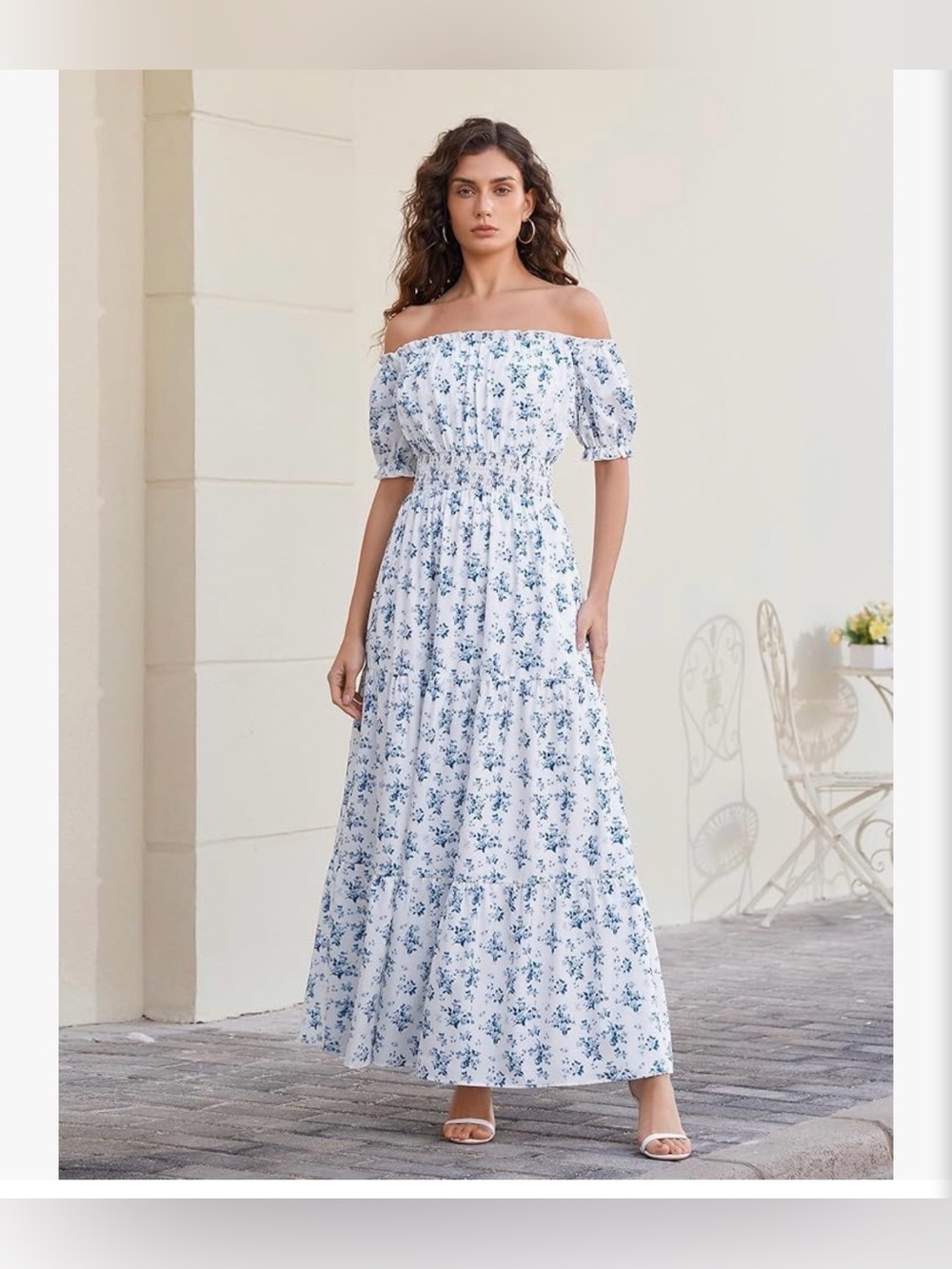 Off-Shoulder Blue Floral Maxi Dress NWT LARGE - Picture 4 of 5